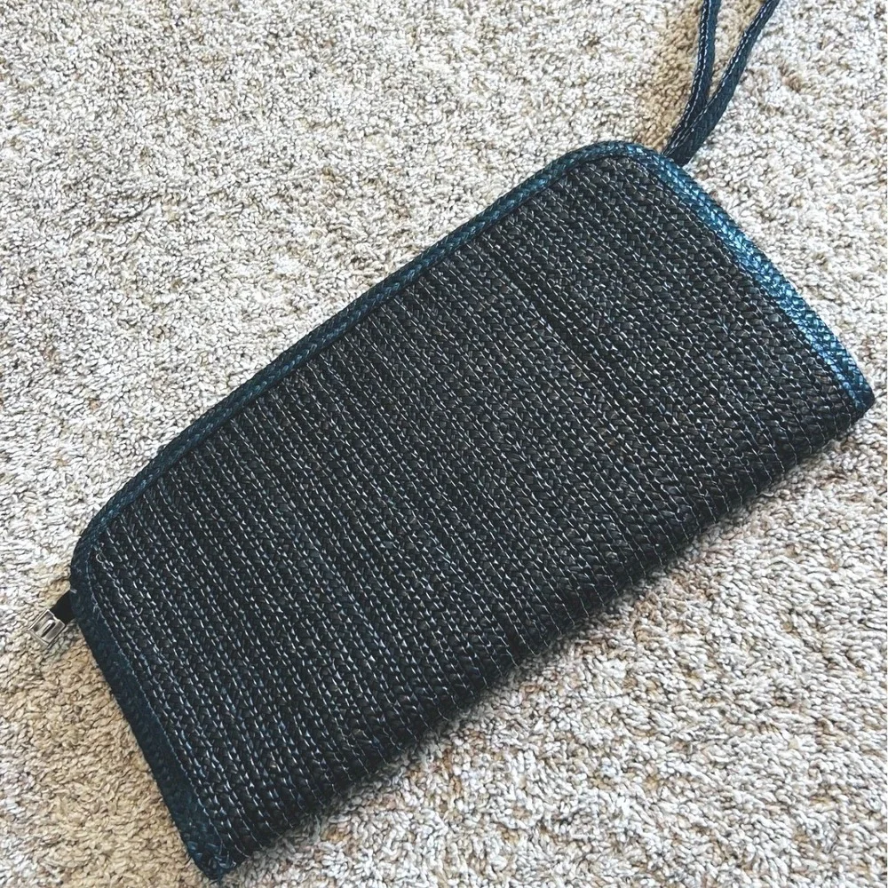 Vintage Black Woven Straw Wristlet Clutch Bag Large Zipper Pouch